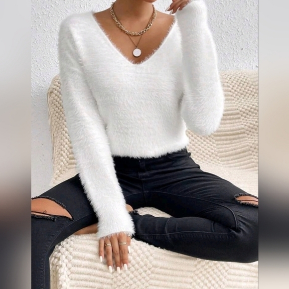 Sweaters - New Luxe Fluffy Knit V Neck Sweater Top White